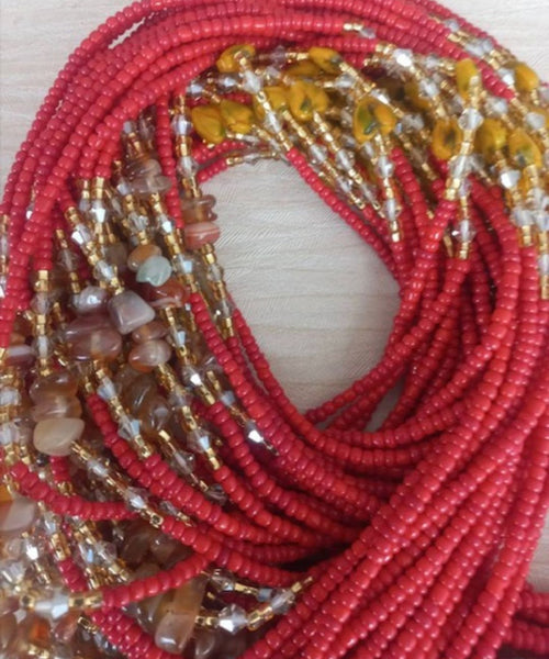 Deluxe Crystal African Waist Beads | Red and Stone