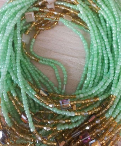 Deluxe Crystal African Waist Beads | Mint Green and Gold