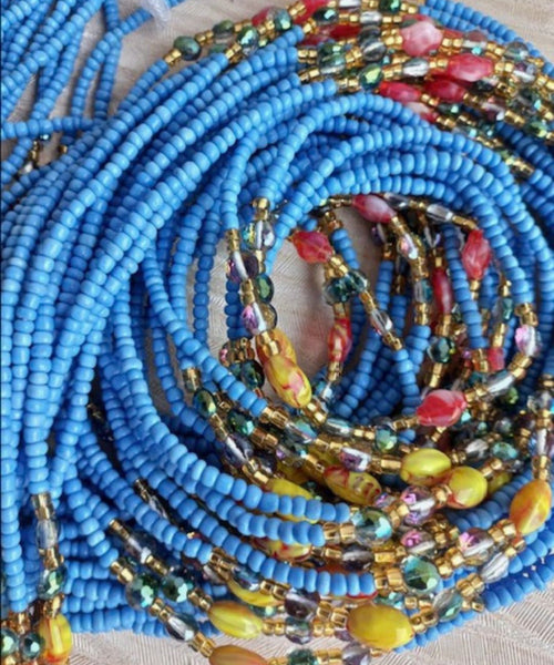 Deluxe Crystal African Waist Beads | Baby Blue Multi