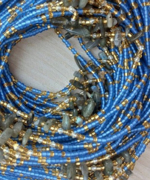 Deluxe Crystal African Waist Beads | Baby Blue, Gold and Stone