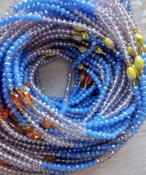 Deluxe Crystal African Waist Beads | Baby Blue and Clear Multi