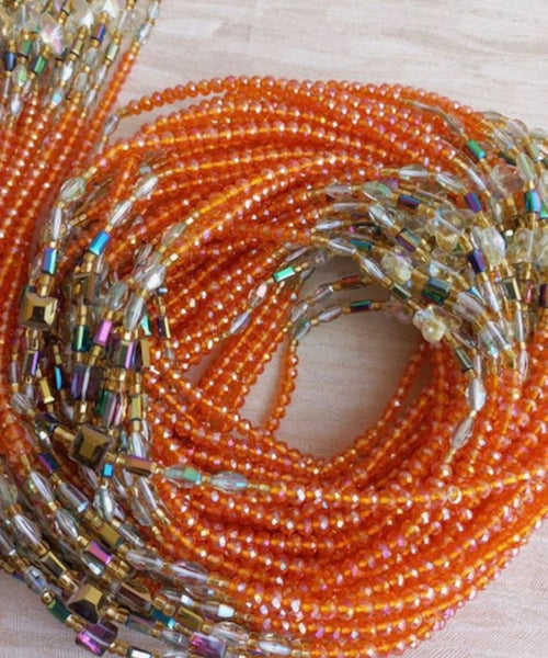 Deluxe Crystal African Waist Beads | Orange and Clear Multi