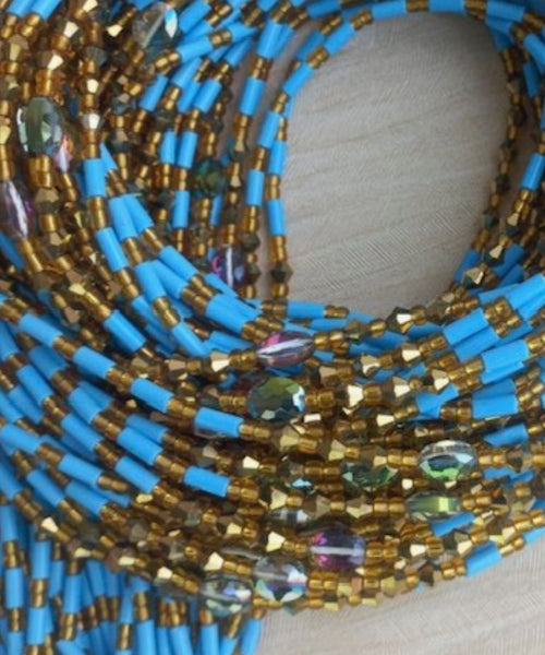 Deluxe Crystal African Waist Beads | Baby Blue and Gold