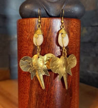 Hammered Brass Elephant and Cowrie Shell Drop Earrings