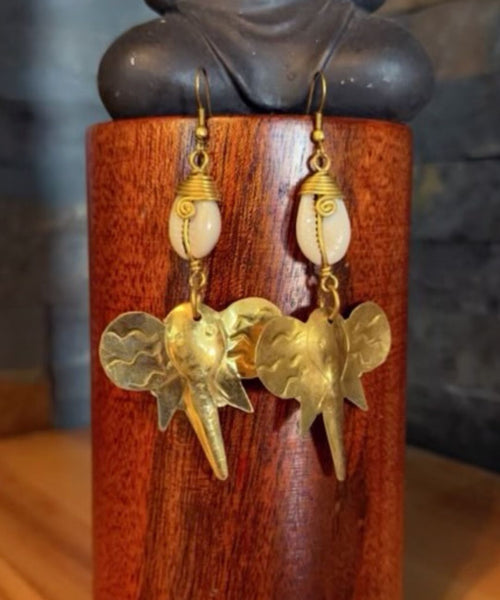 Hammered Brass Elephant and Cowrie Shell Drop Earrings