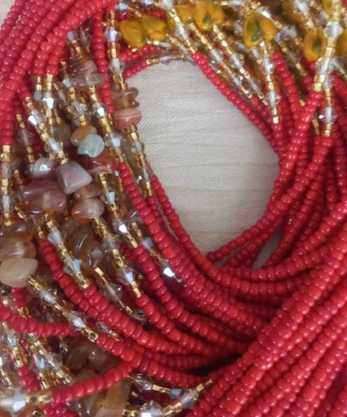 Deluxe Crystal African Waist Beads | Red and Stone