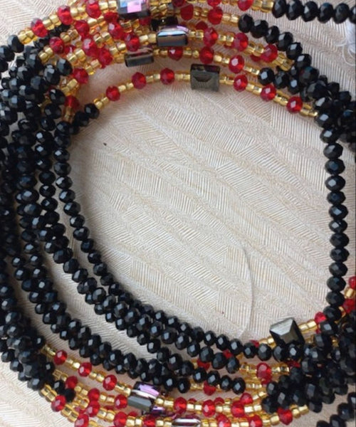 Deluxe Crystal African Waist Beads | Black, Red, and Gold