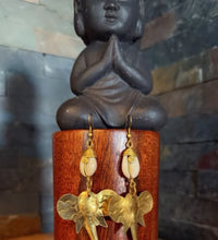 Hammered Brass Elephant and Cowrie Shell Drop Earrings