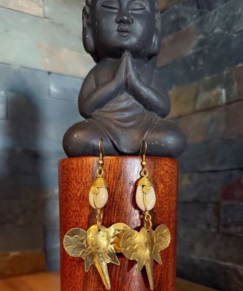 Hammered Brass Elephant and Cowrie Shell Drop Earrings