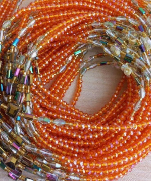 Deluxe Crystal African Waist Beads | Orange and Clear Multi