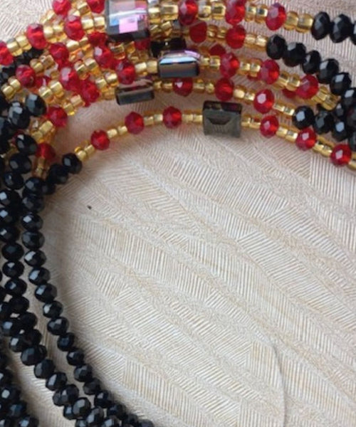 Deluxe Crystal African Waist Beads | Black, Red, and Gold