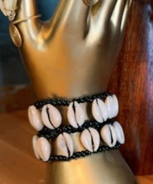 Handcrafted Leather Wrapped Cowrie Shell Wide Bracelet