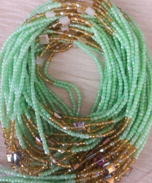 Deluxe Crystal African Waist Beads | Mint Green and Gold