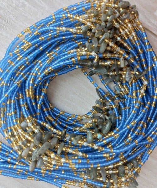 Deluxe Crystal African Waist Beads | Baby Blue, Gold and Stone