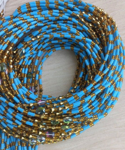 Deluxe Crystal African Waist Beads | Baby Blue and Gold