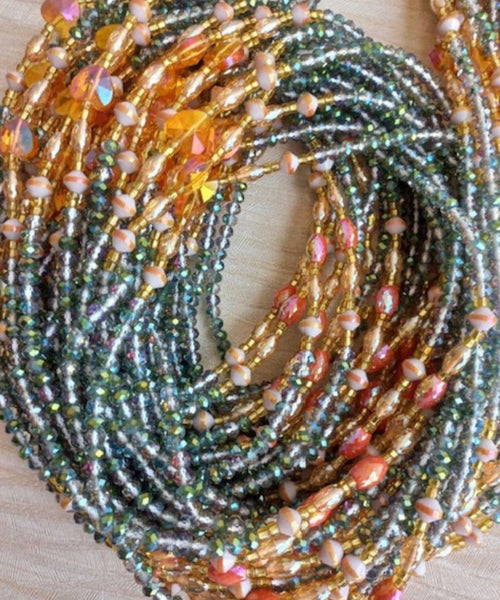 Deluxe Crystal African Waist Beads | Translucent Blue and Orange